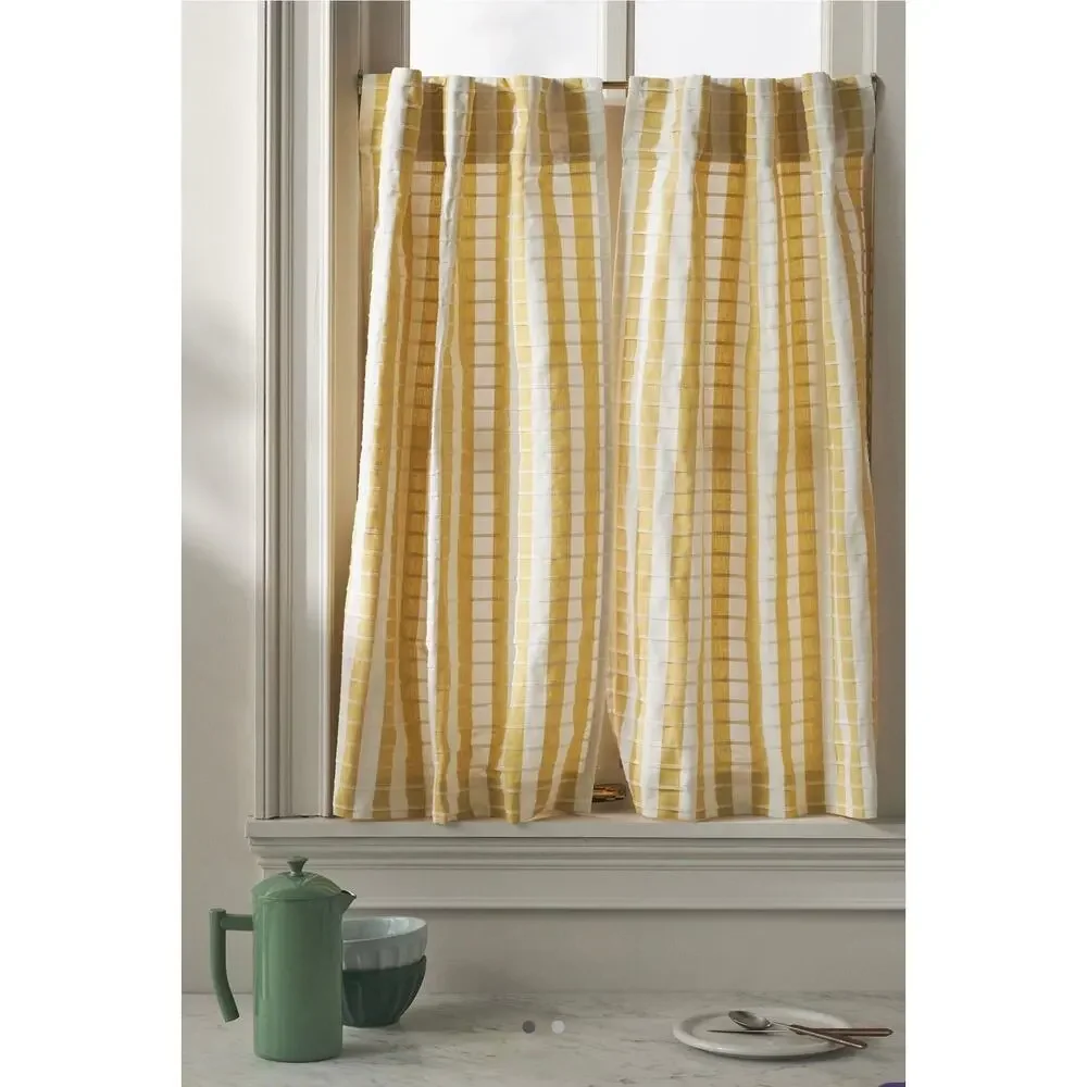 Anthropologie Cotton Woven Stripe Café Curtains, Set of 2, Yellow